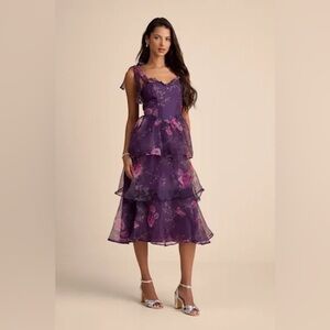 NWT Fairytale Cutie Purple Floral Tie-Strap Tiered Midi Dress Sz XS, S